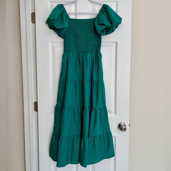 PrettyGarden Dress M Green Smocked Puff Sleeve Tiered Boho Cottagecore Prairie - Picture 5 of 13